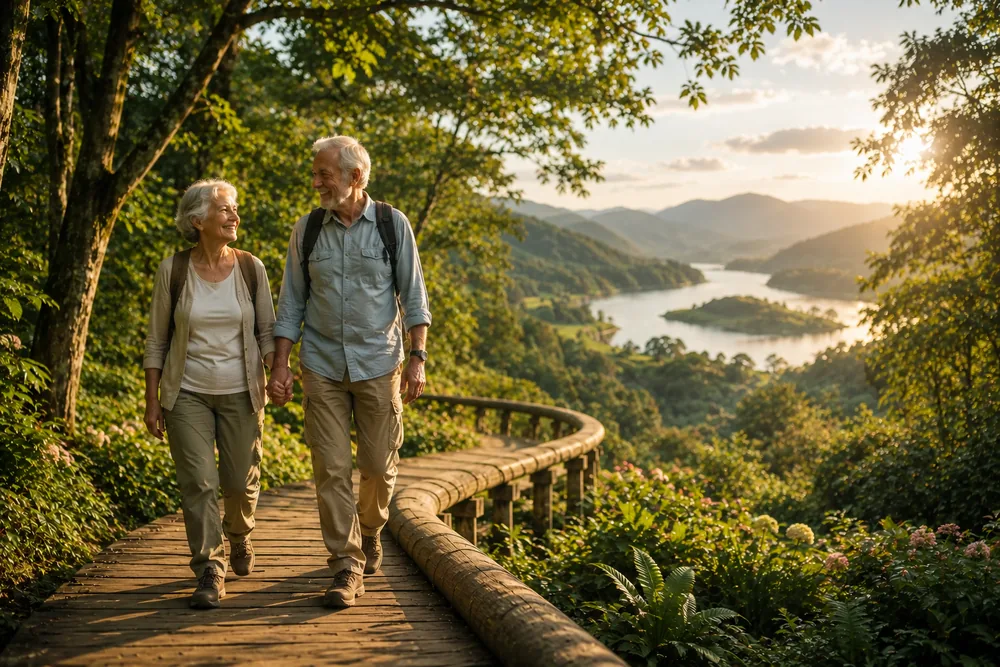 A retired couple walking, relaxed and clear-headed, on a sunlit forest path