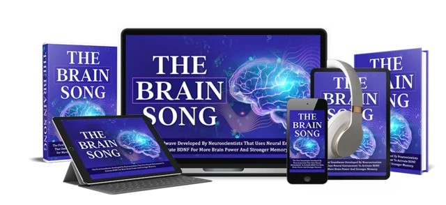 The Brain Song — digital audio program shown on laptop, tablet, phone and headphones